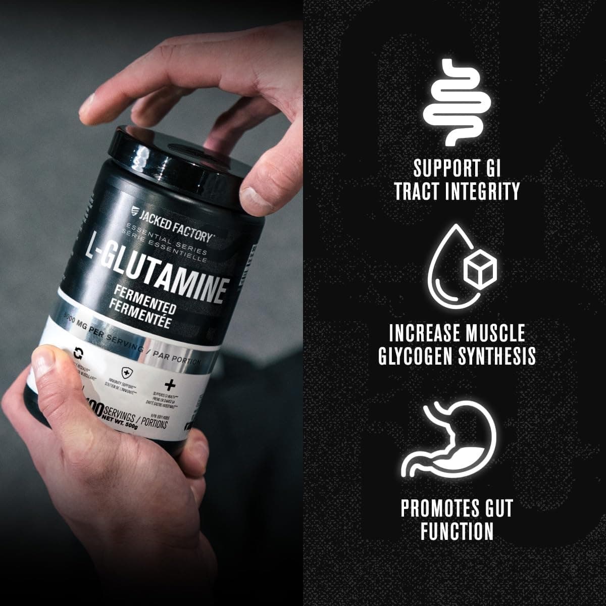 Hand holding a supplement container labeled 'L-Glutamine' with icons and text on a dark background.