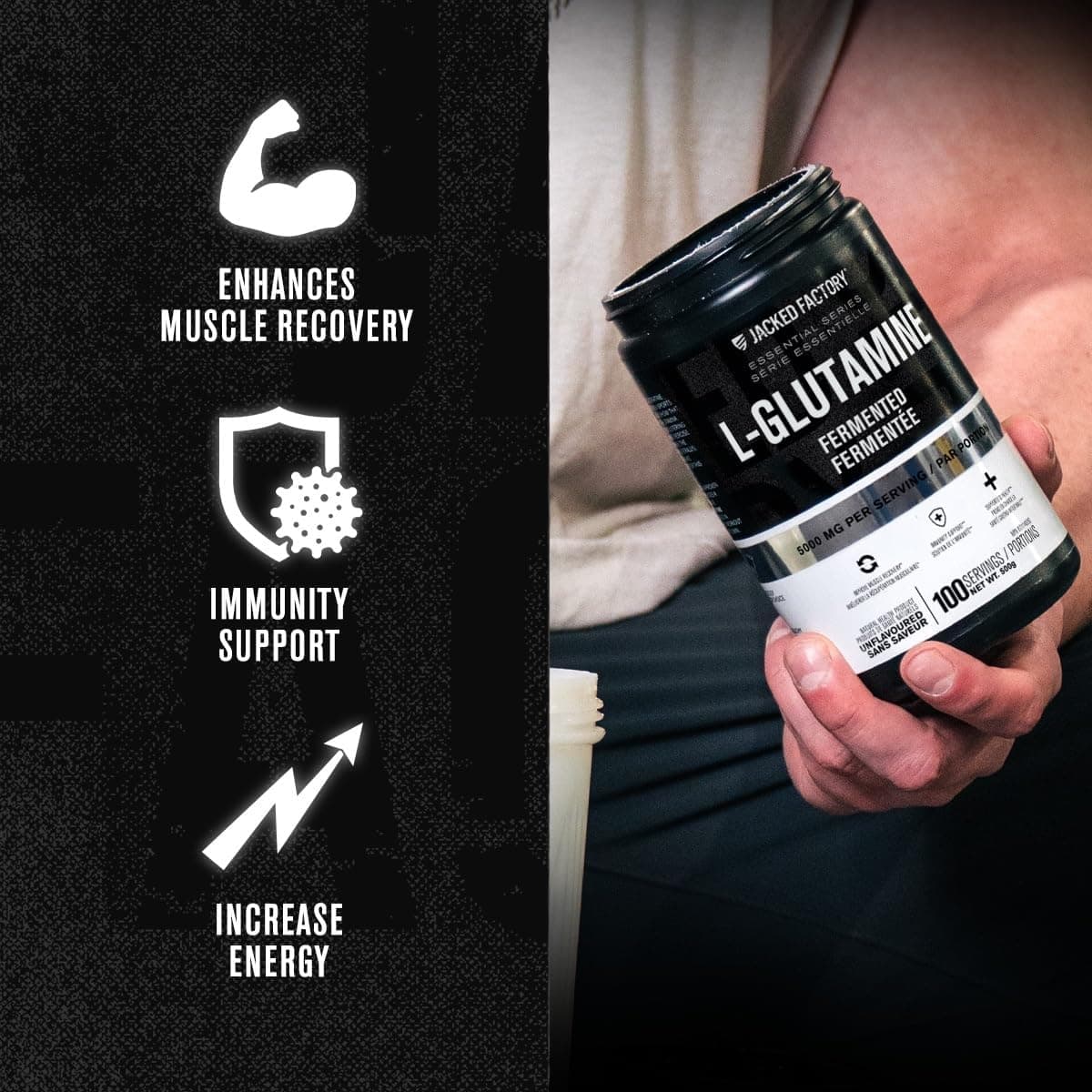 Person holding a supplement container labeled 'L-Glutamine' with text about its benefits on the left.