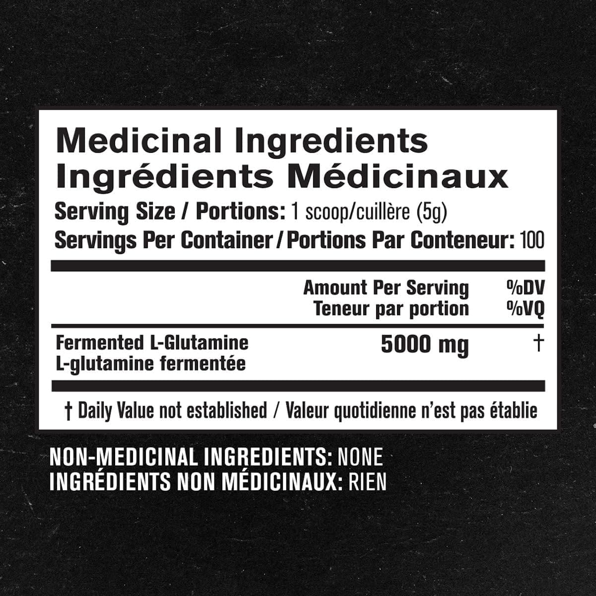 Nutritional label for a supplement with medicinal and non-medicinal ingredients on a black background.