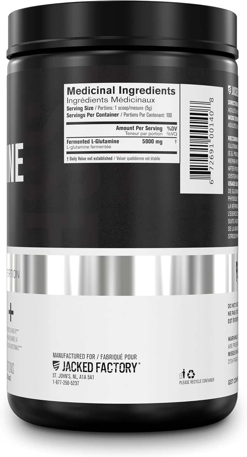Black supplement container with white label displaying medicinal ingredients and Jacked Factory branding.