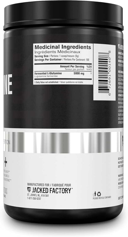 Black supplement container with white label displaying medicinal ingredients and Jacked Factory branding.