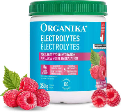 Organika electrolytes supplement container with raspberries on a white background