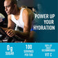 Man exercising on a bike with hydration product packaging text overlay