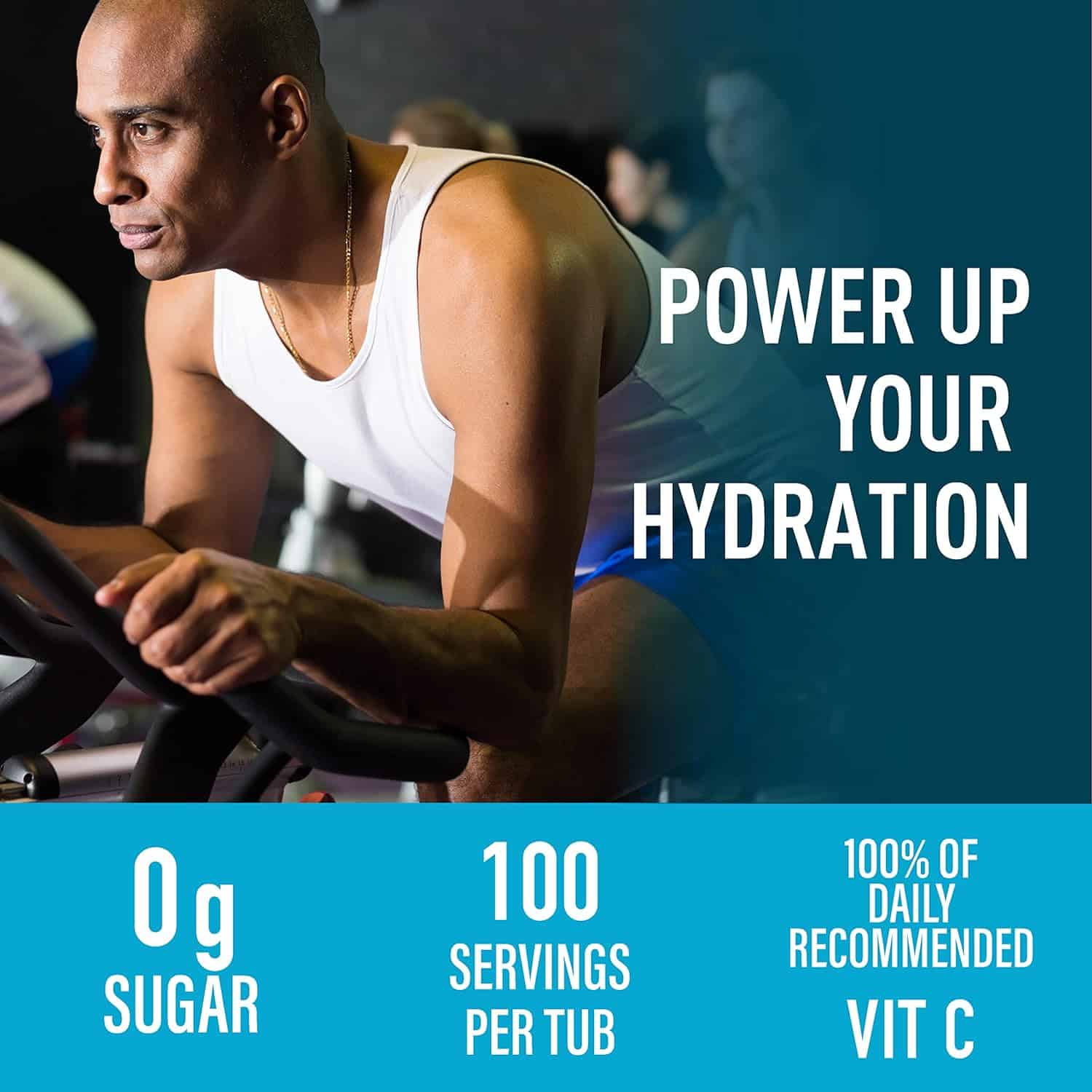 Man exercising on a bike with hydration product packaging text overlay