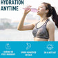 Woman in athletic wear drinking water with text 'Hydration Anytime' and icons below.