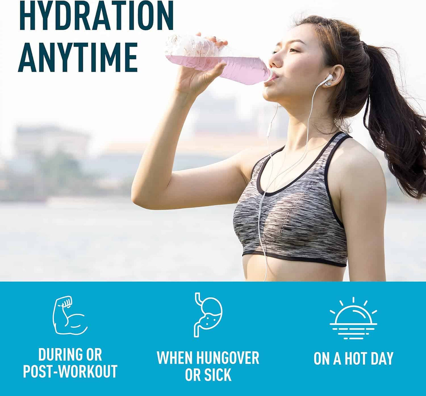 Woman in athletic wear drinking water with text 'Hydration Anytime' and icons below.