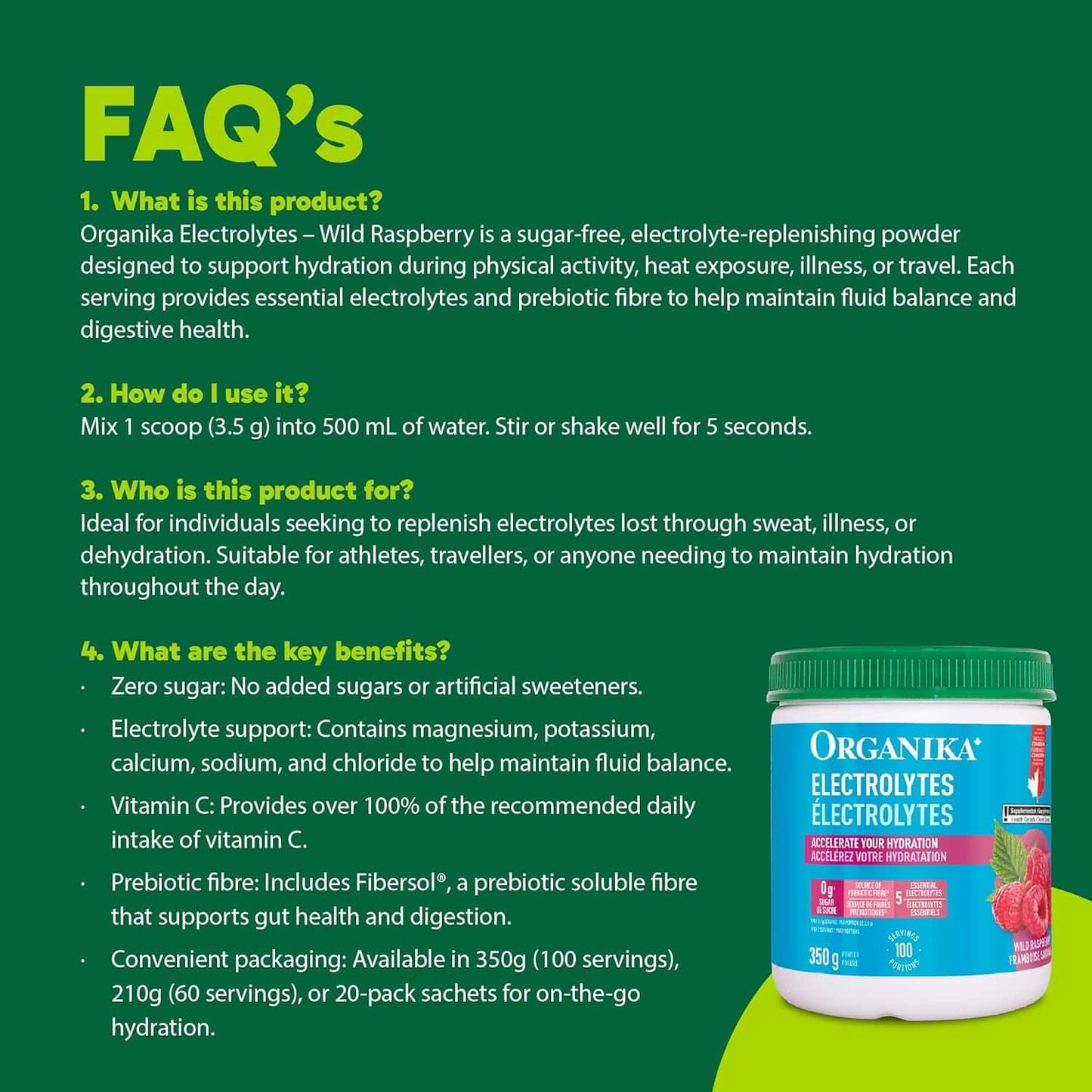 Product information for Organika Electrolytes on a green background