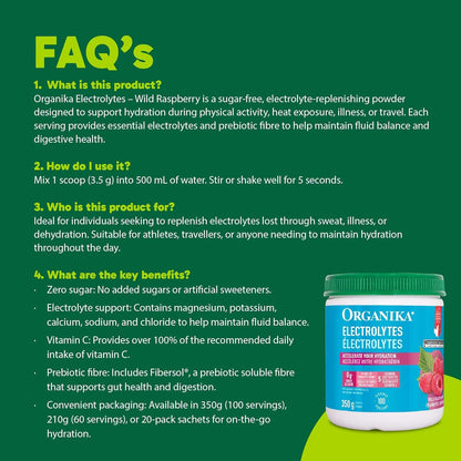 Product information for Organika Electrolytes on a green background