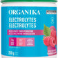 Organika electrolytes supplement container with green lid and blue label featuring raspberries.