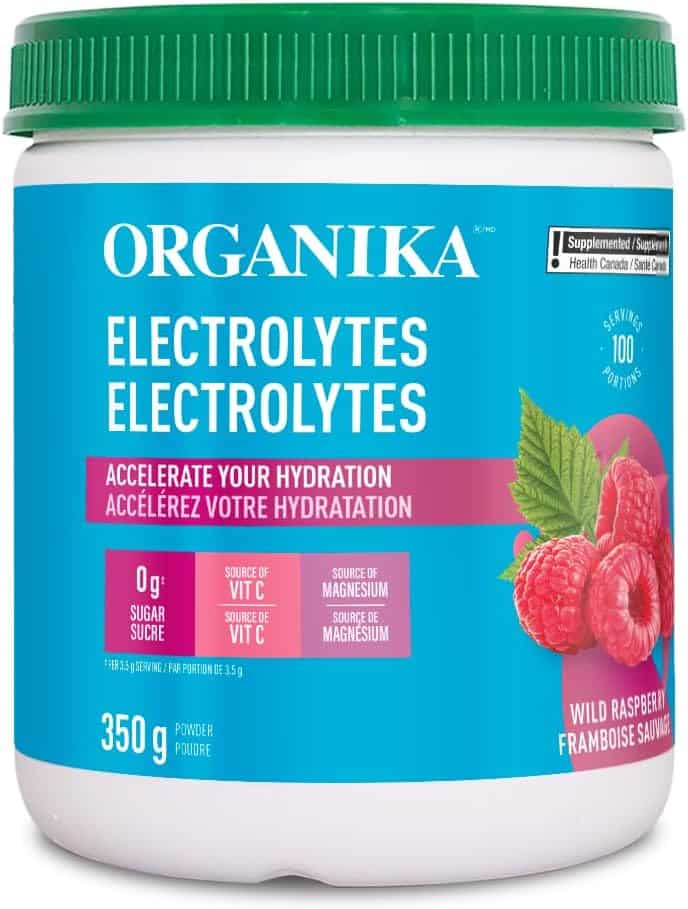 Organika electrolytes supplement container with green lid and blue label featuring raspberries.
