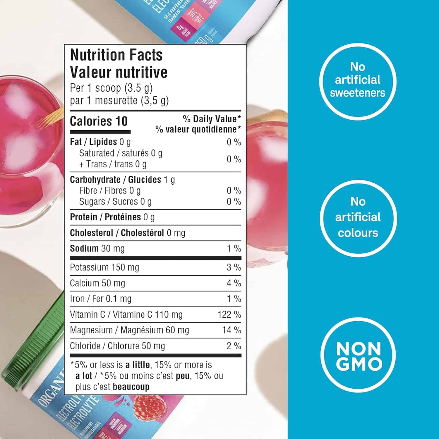 Nutrition facts label and product packaging with 'No artificial sweeteners', 'No artificial colours', and 'Non-GMO' claims.
