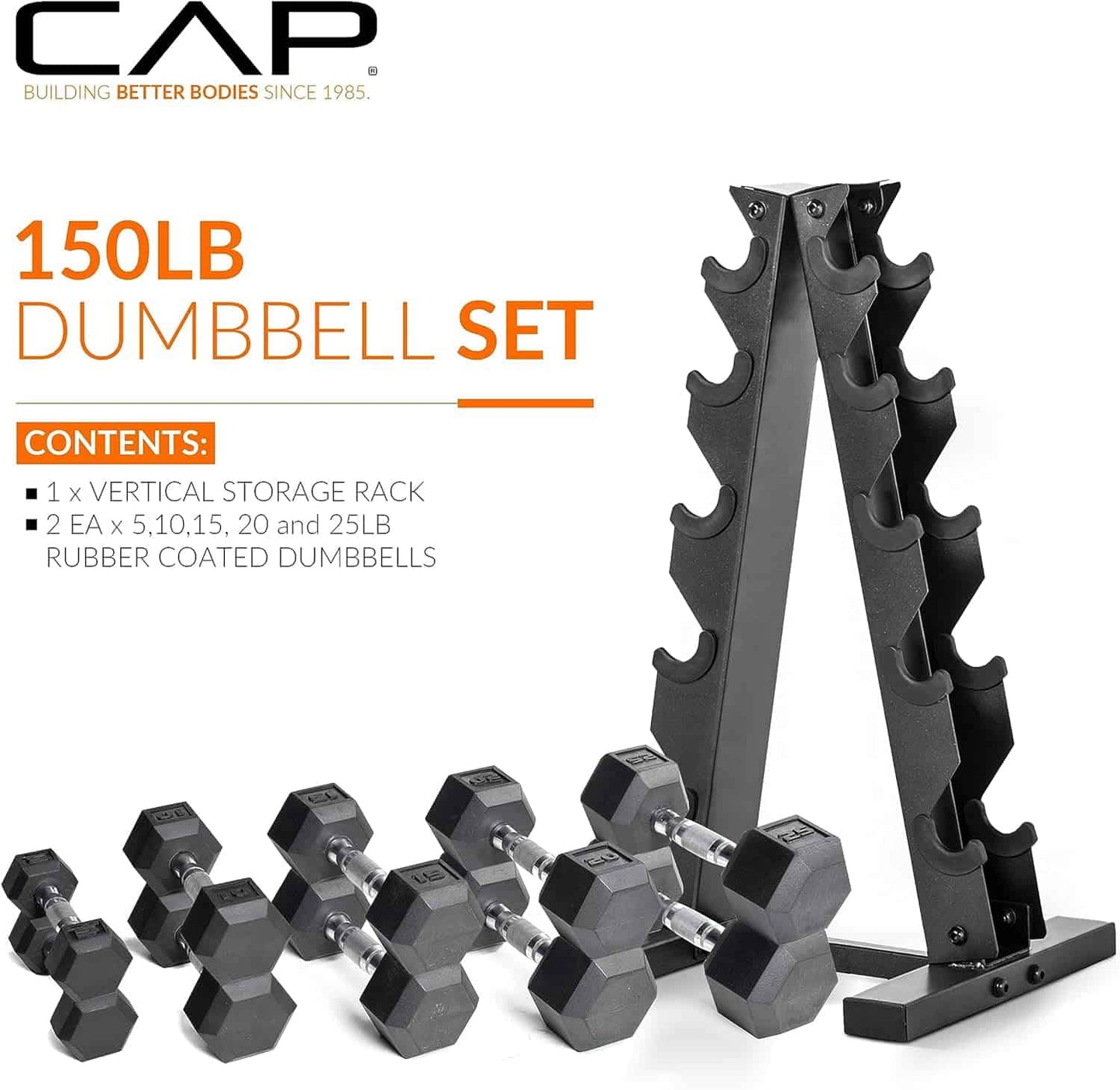 150lb dumbbell set with vertical storage rack on a white background
