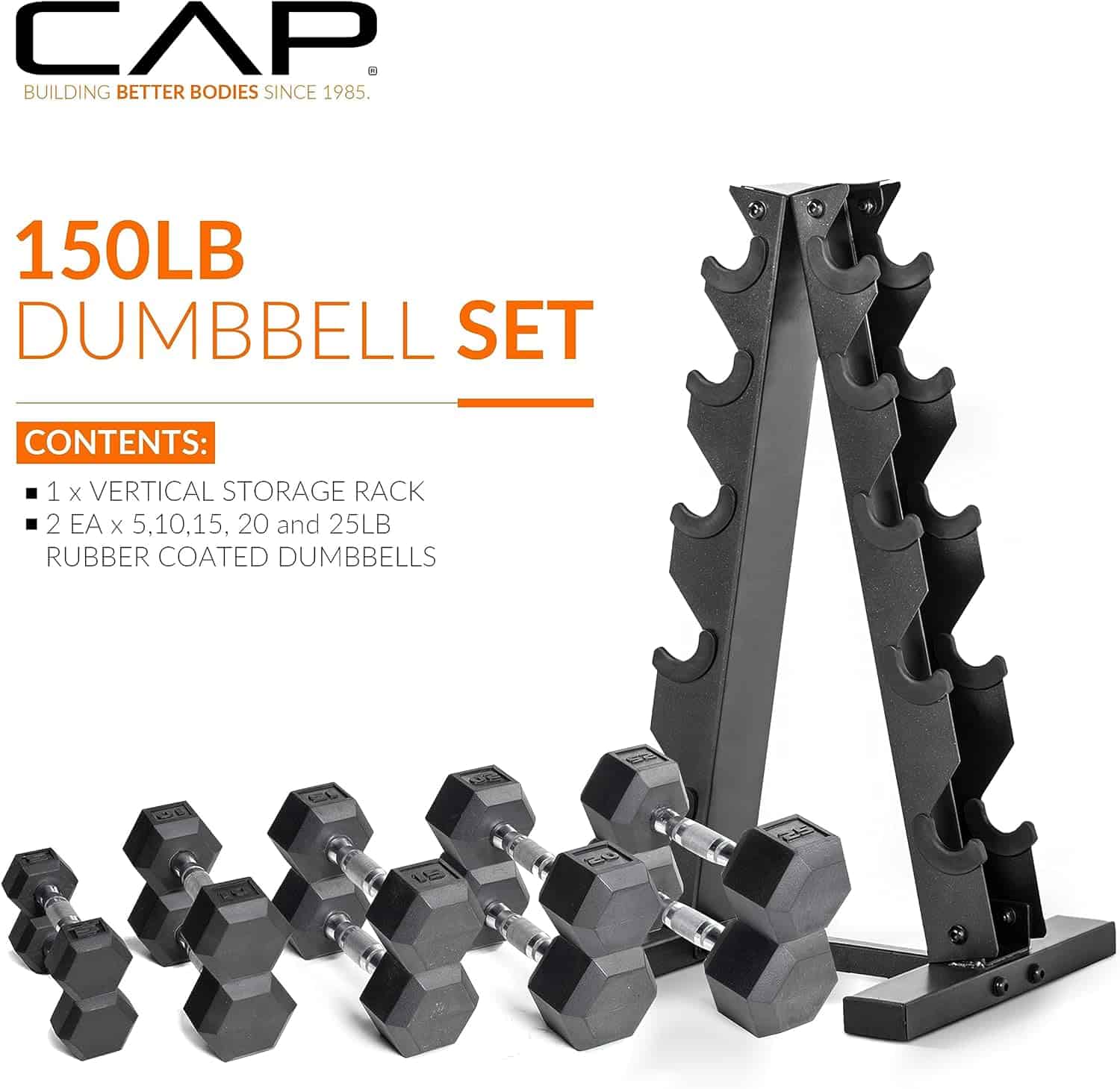 150lb dumbbell set with vertical storage rack on a white background
