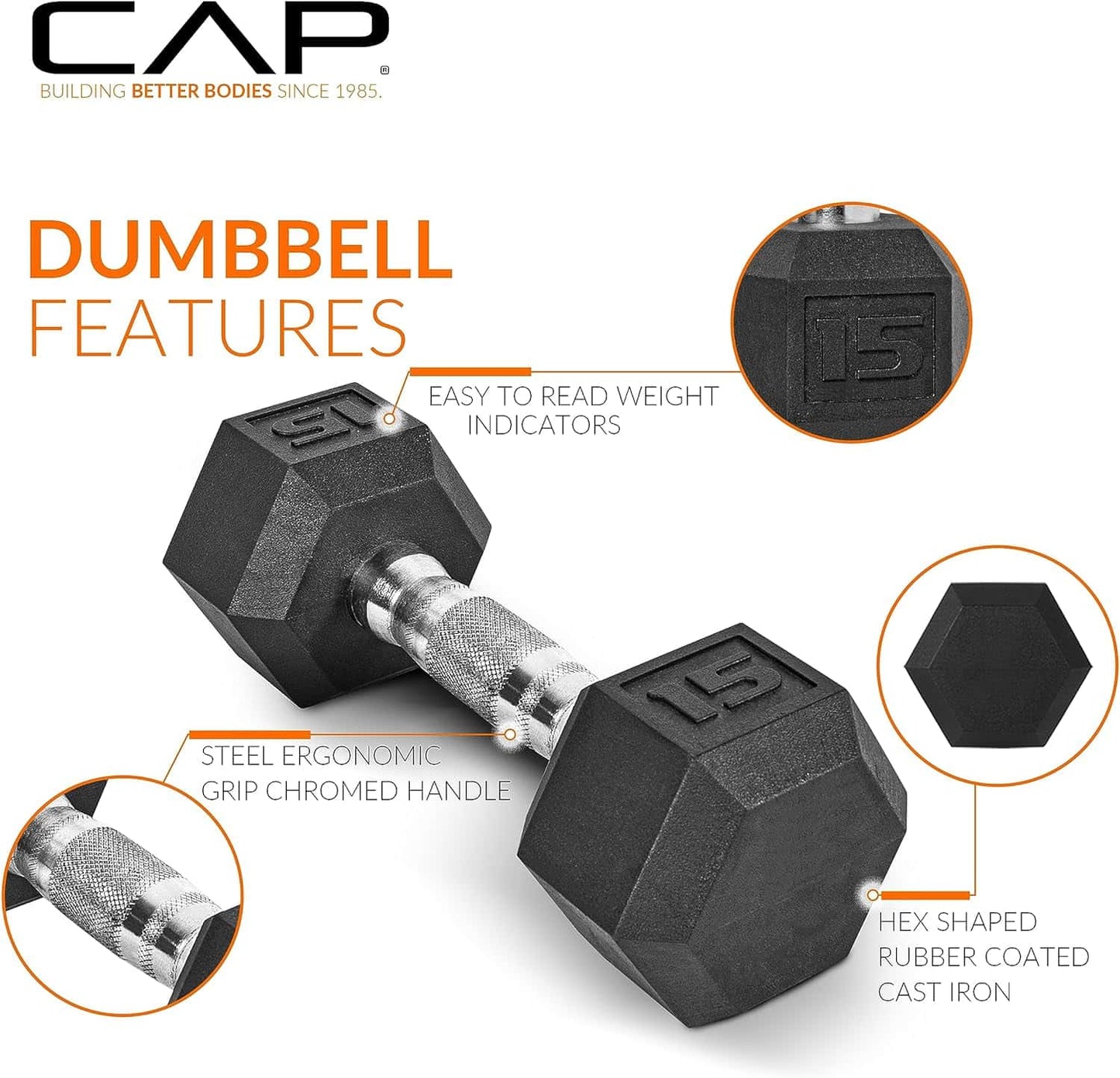 Black dumbbell with features highlighted on a white background