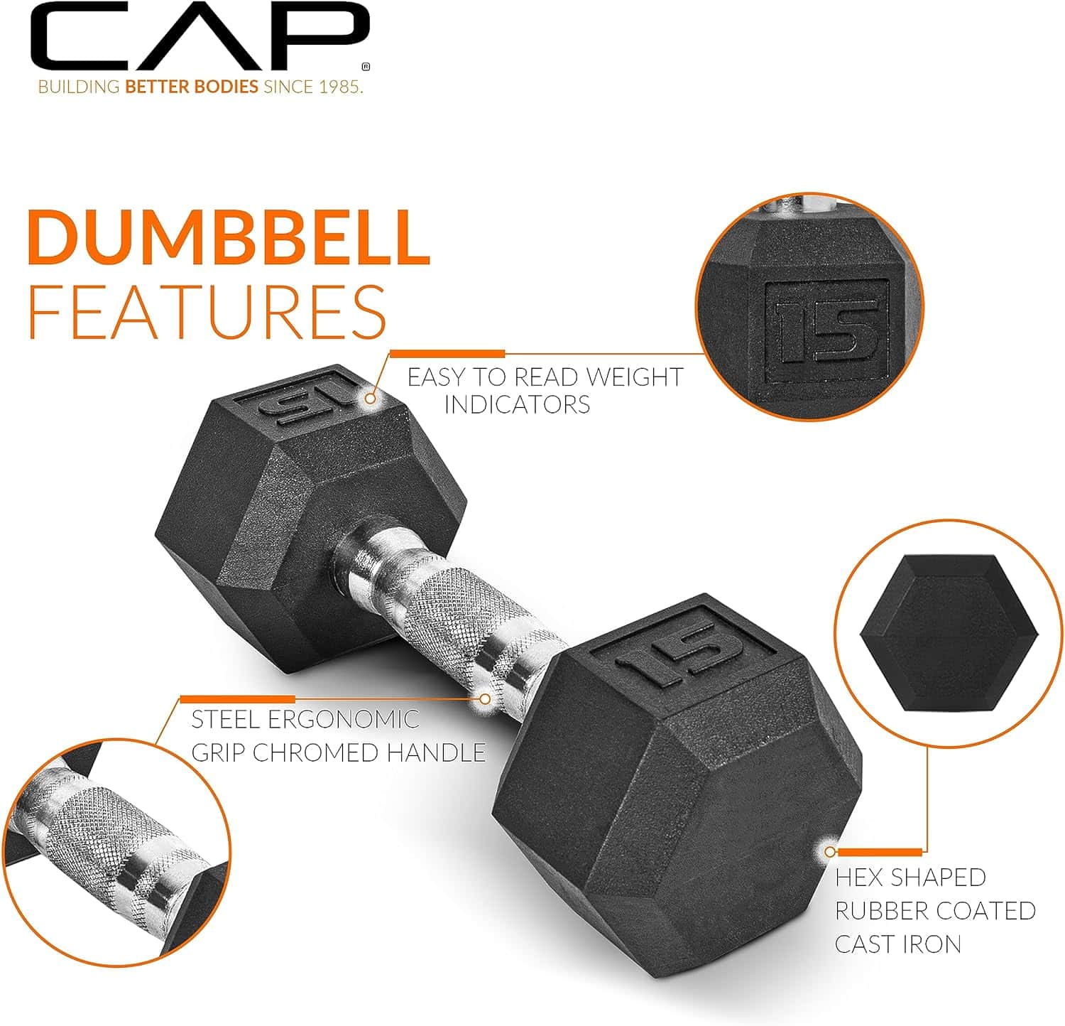 Black dumbbell with features highlighted on a white background