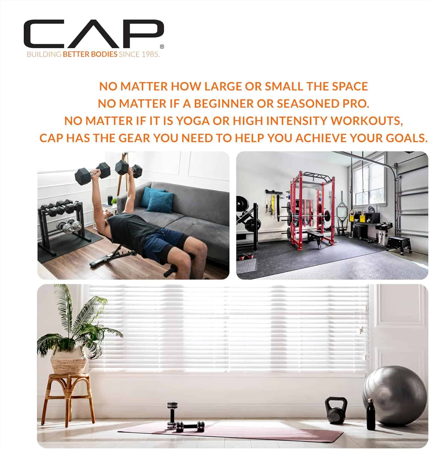 Advertisement for CAP fitness equipment with text and images of a home gym setup.