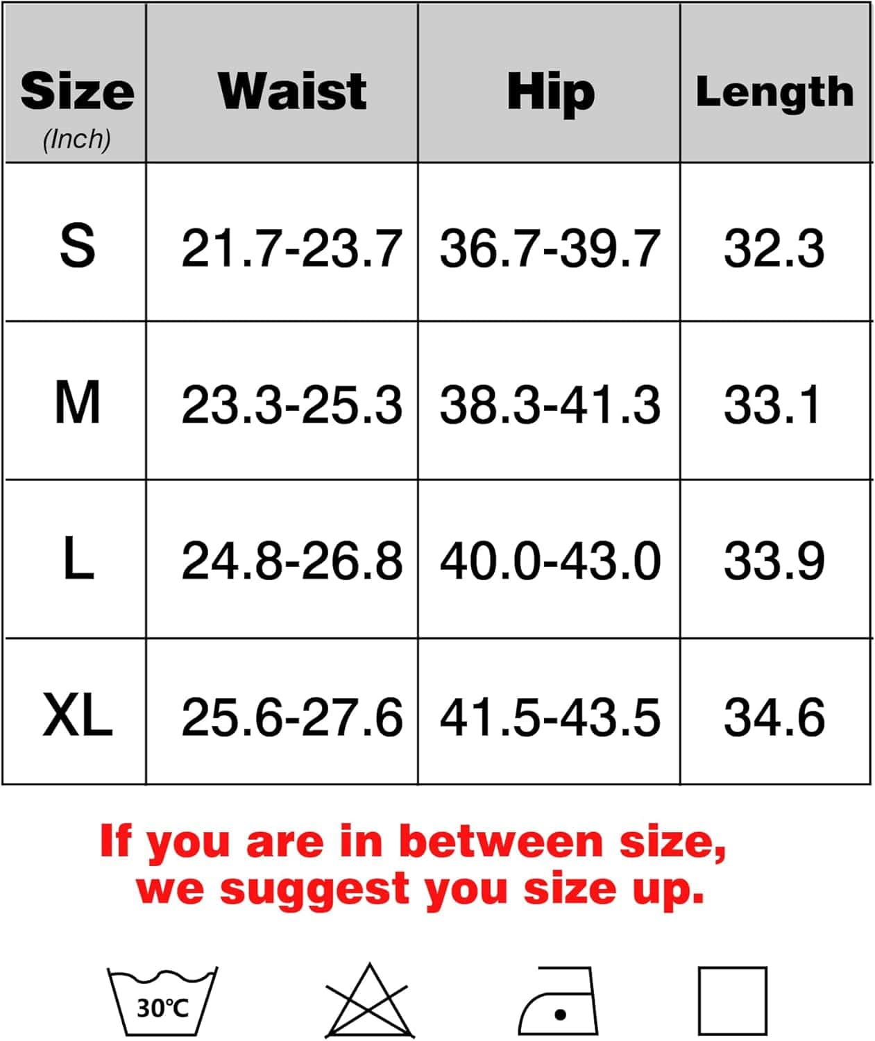 Size chart for clothing with waist, hip, and length measurements in inches.