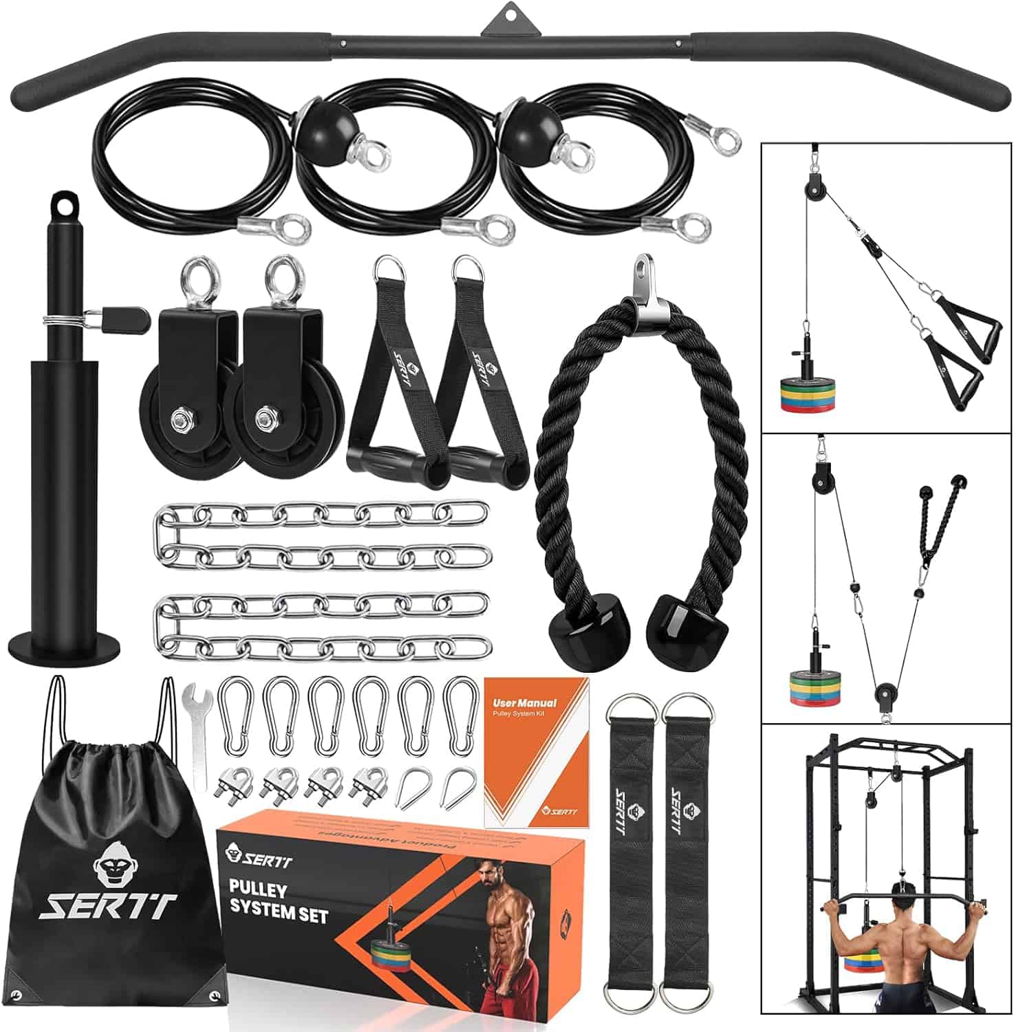 SERTI pulley system set with various components and accessories on a white background.