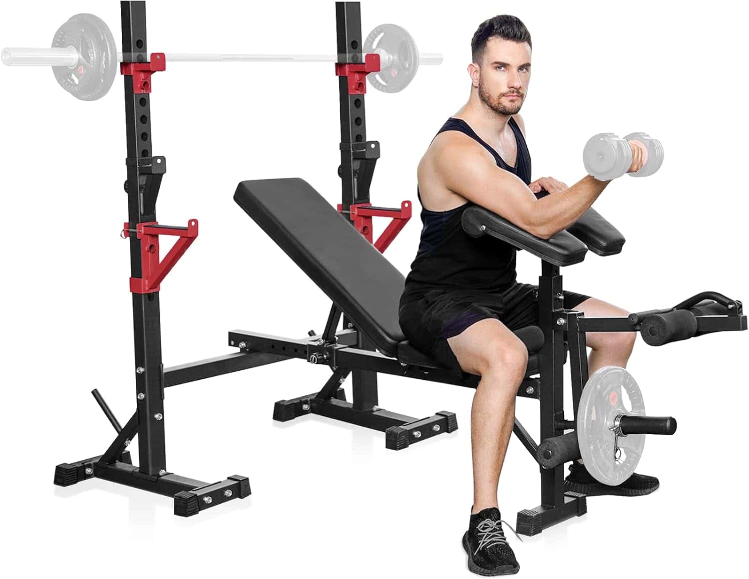 Man exercising with a weight bench and dumbbells on a white background