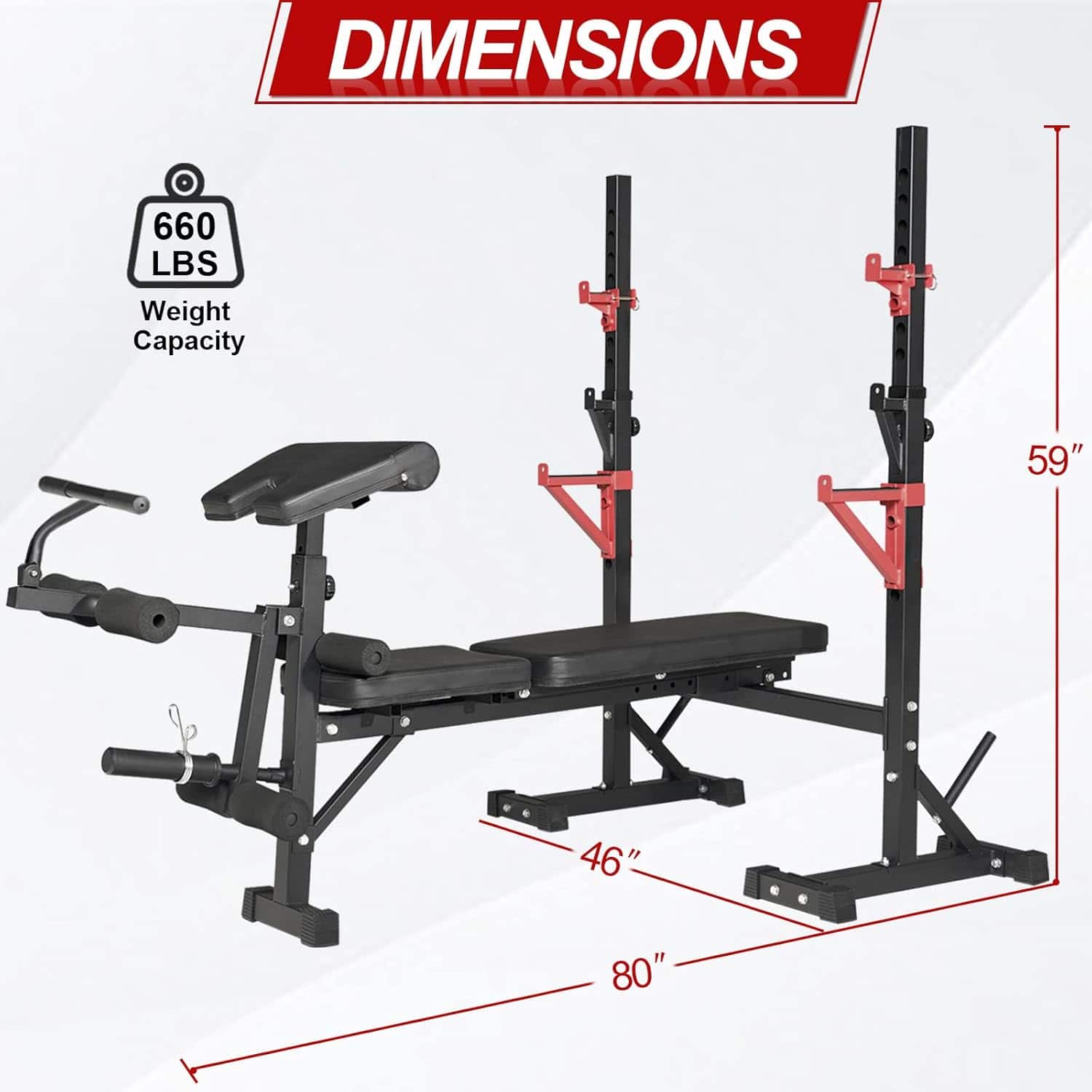 Weight bench and squat rack with dimensions and weight capacity on a white background