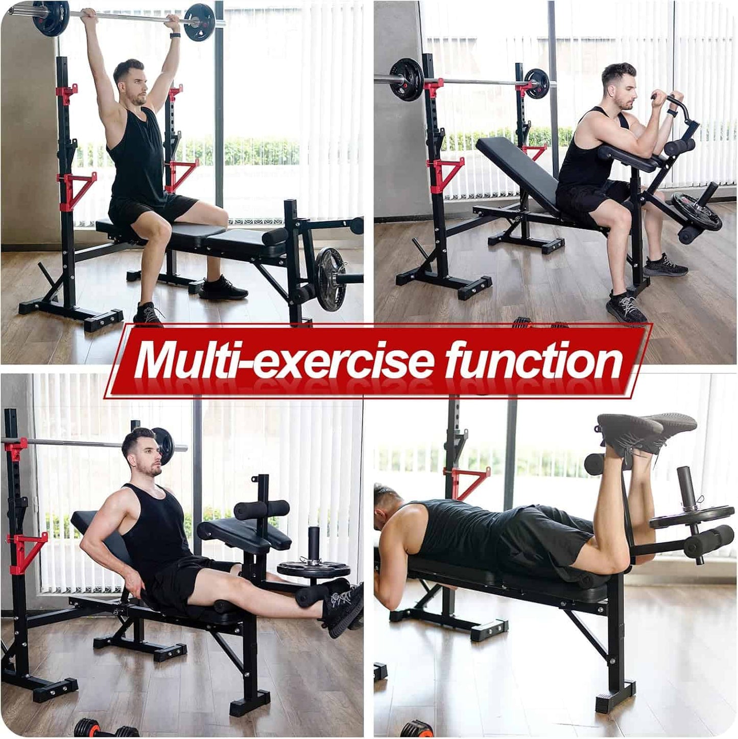 Collage of a man using a multi-function gym bench with various exercises.