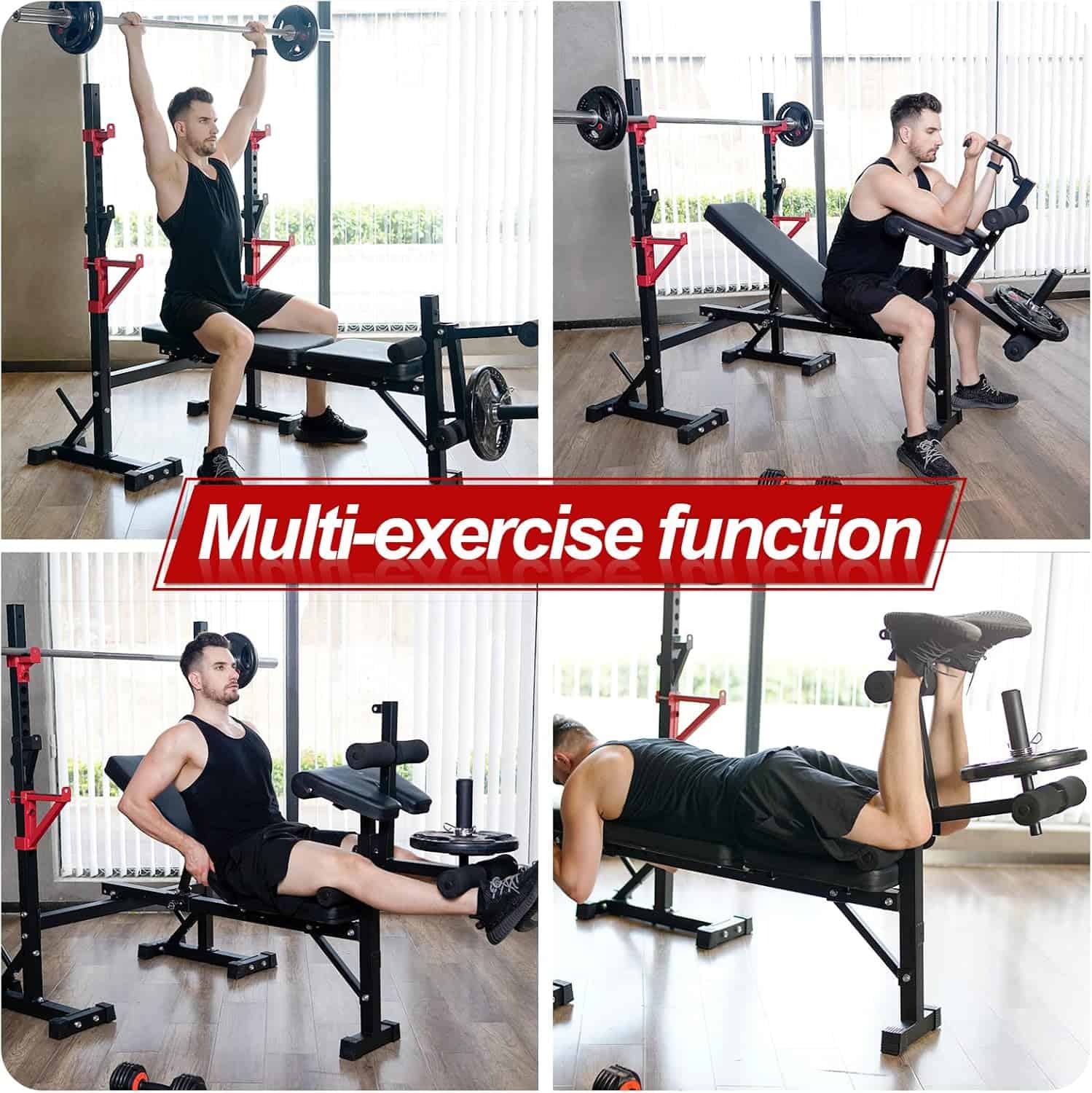 Collage of a man using a multi-function gym bench with various exercises.