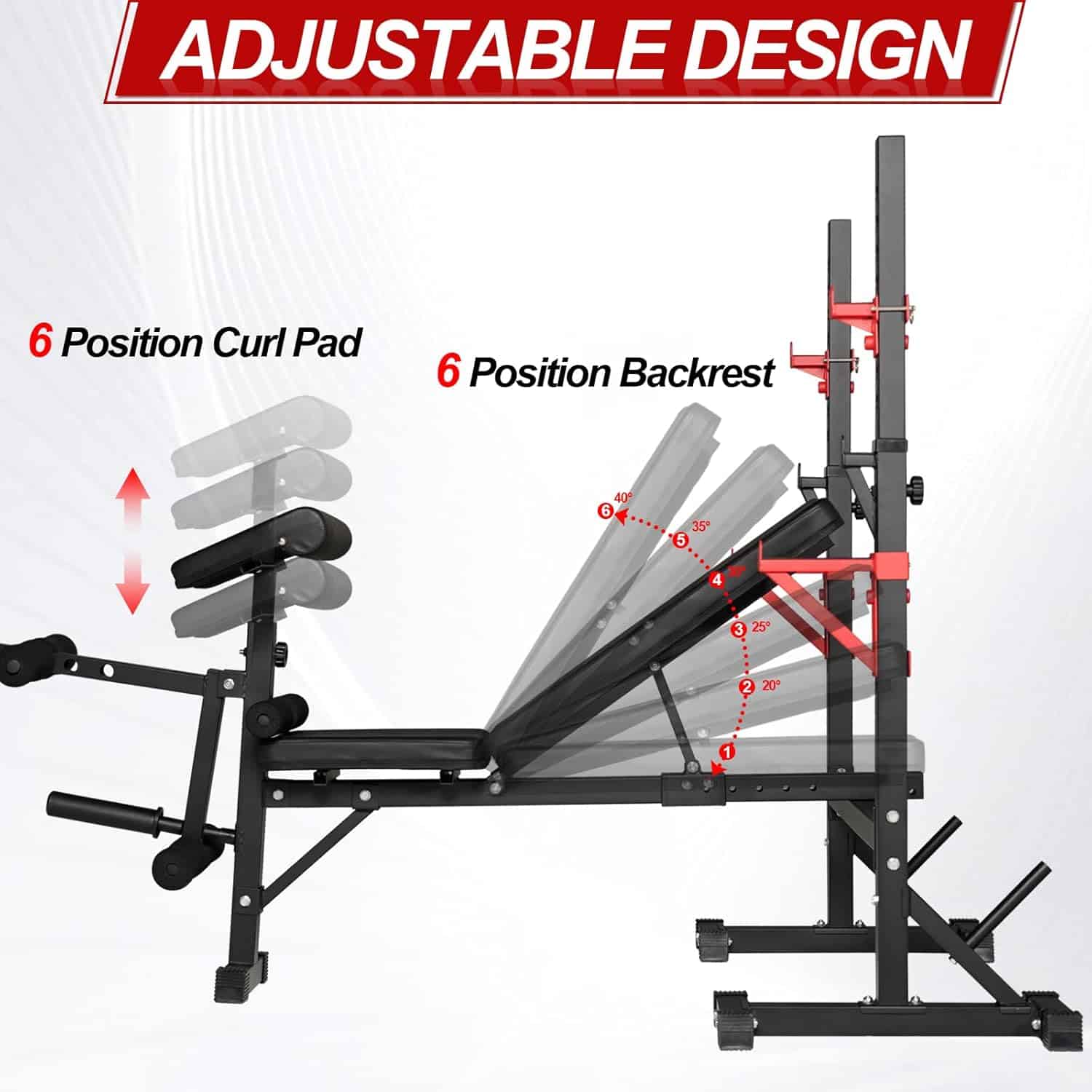Adjustable gym bench with labeled features on a white background