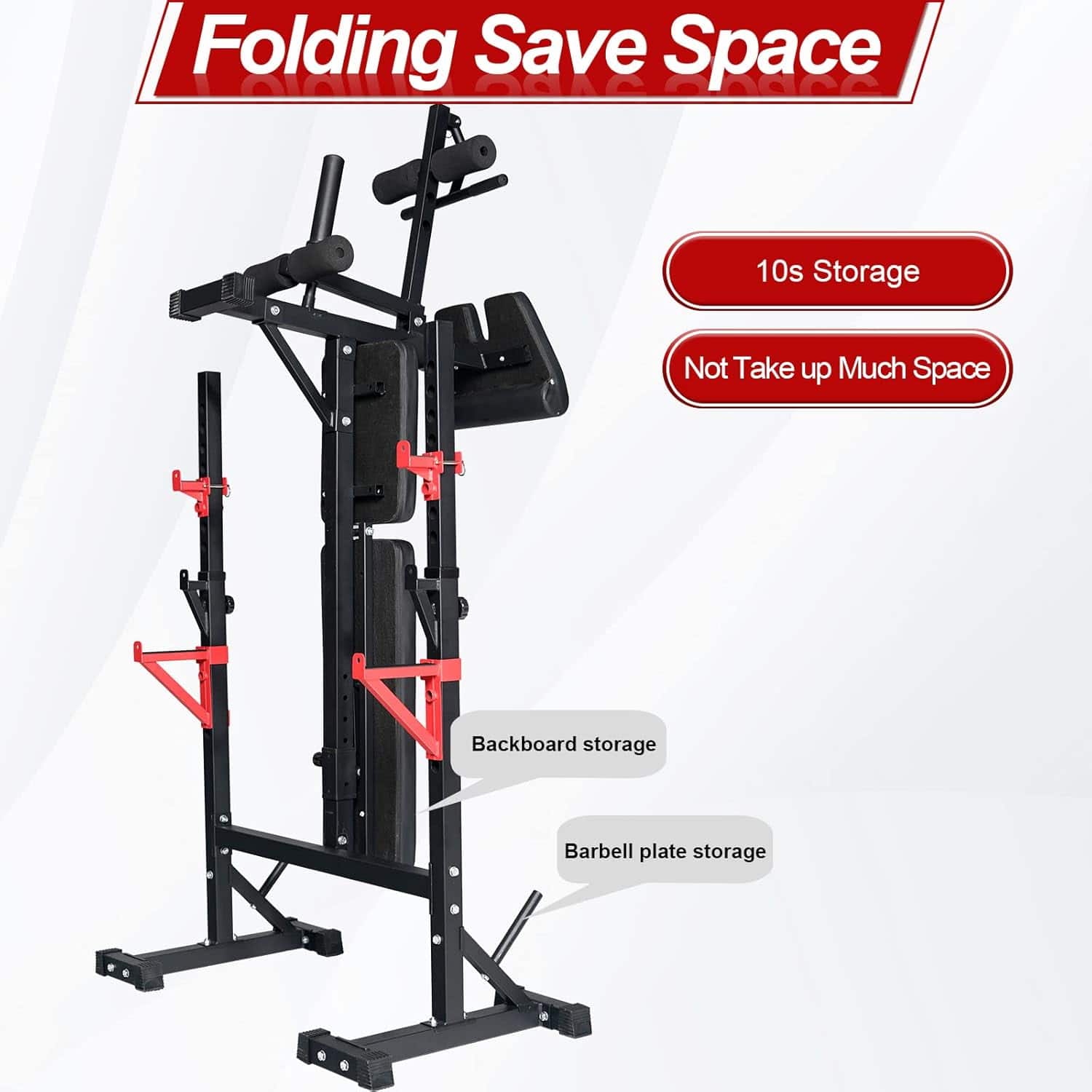 Black and red exercise station with storage features on a white background
