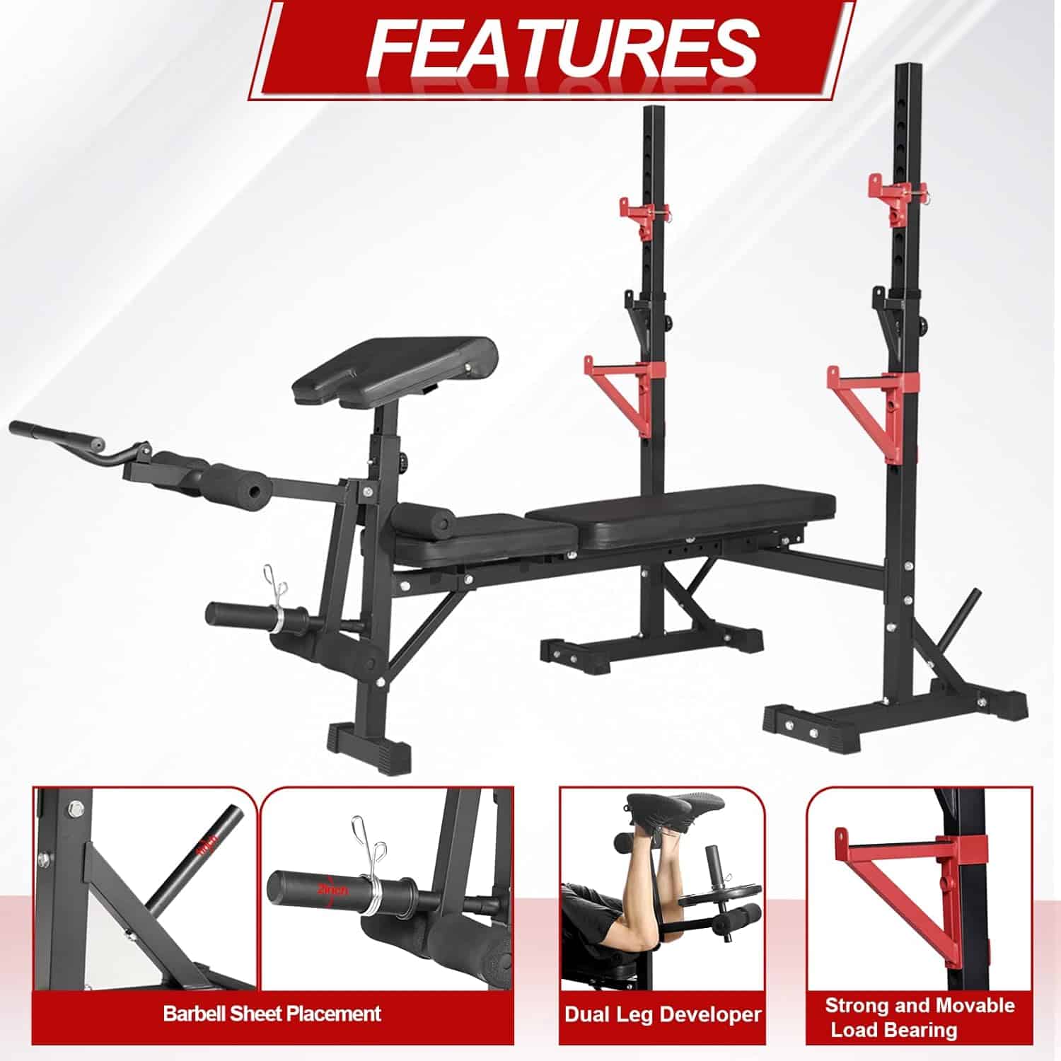 Fitness equipment set with bench and squat rack on a white background