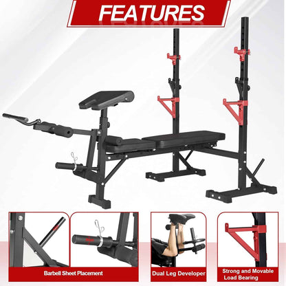 Fitness equipment set with bench and squat rack on a white background