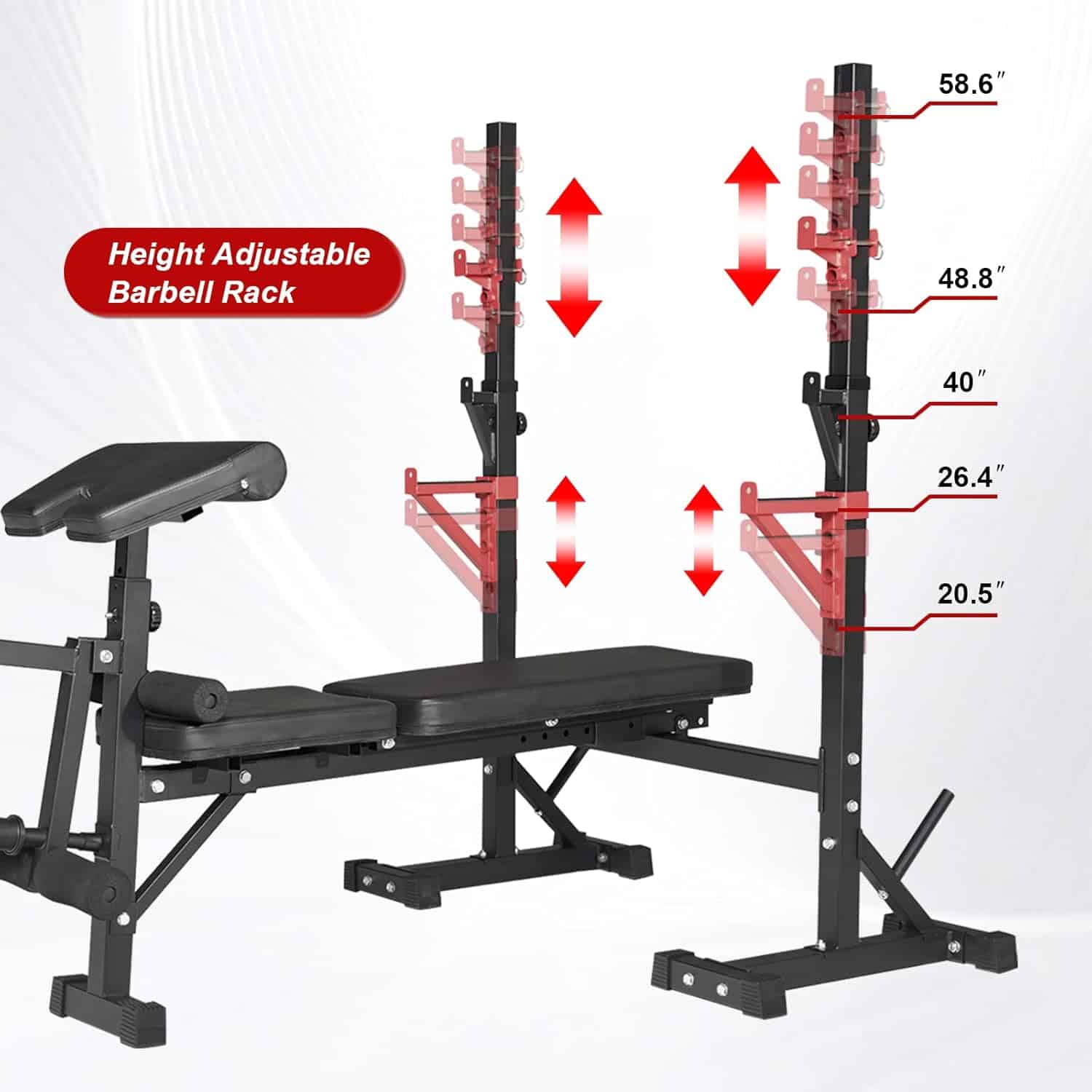 Height adjustable barbell rack with bench on a white background