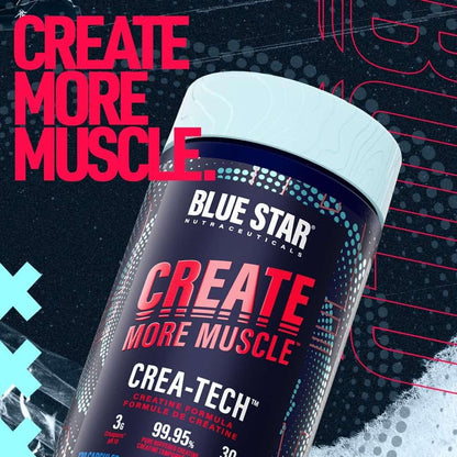 Blue Star Nutraceuticals Crea-Tech supplement container with promotional text on a dark background