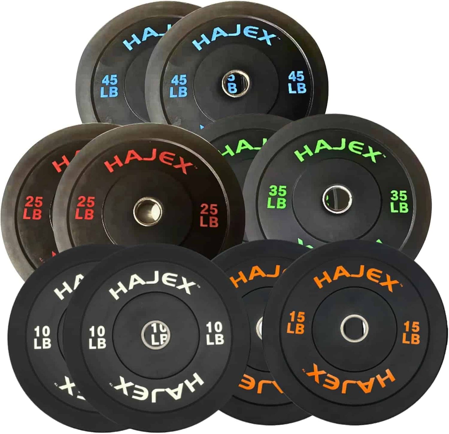 Set of Hajex weight plates in various weights on a white background