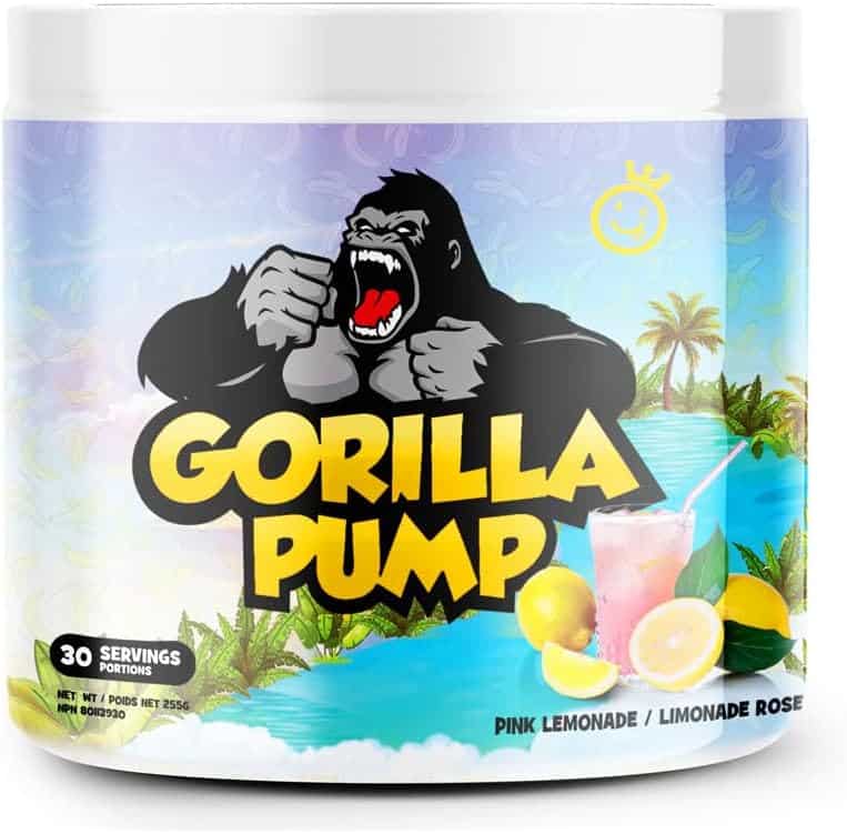 Gorilla Pump supplement container with a gorilla graphic and tropical background