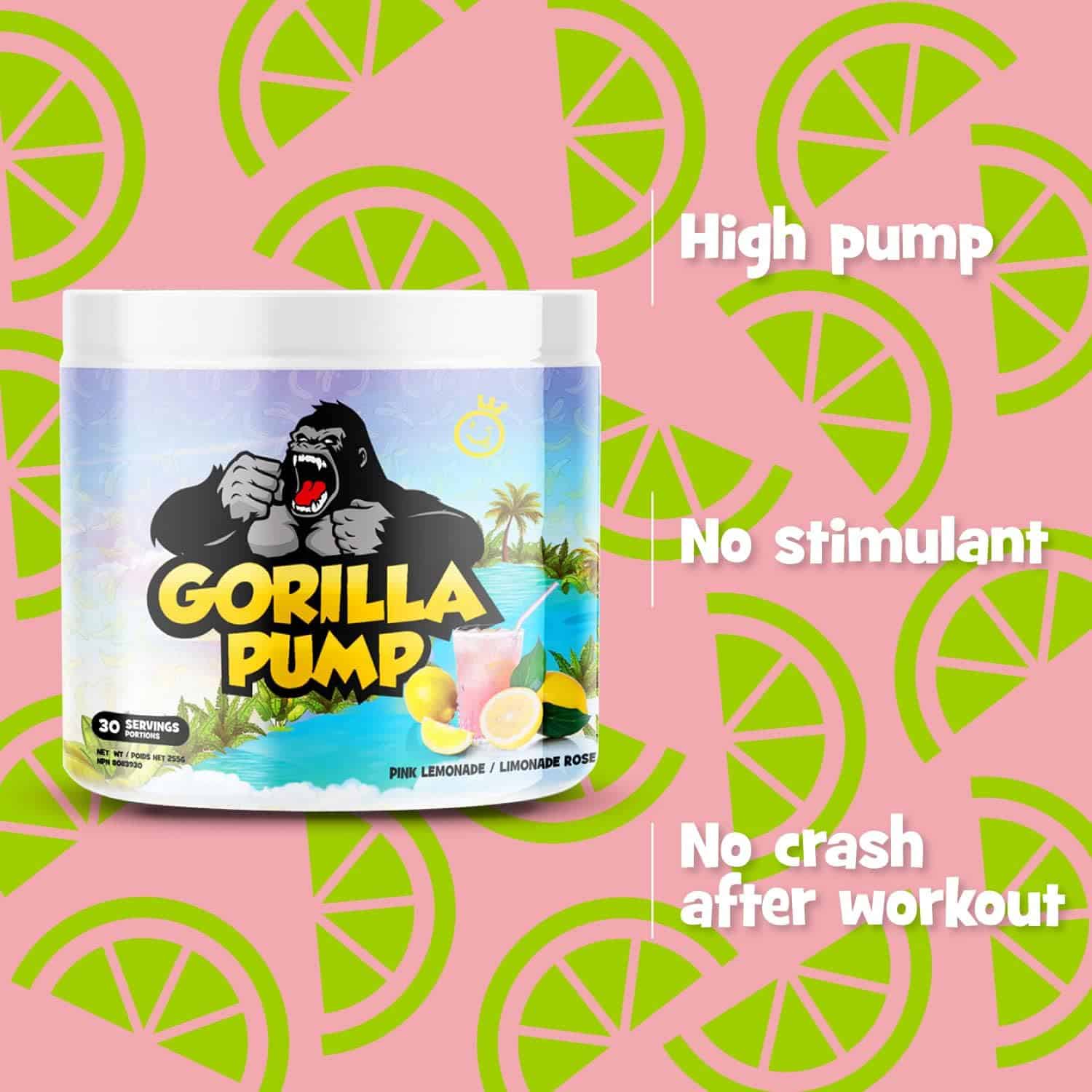 Gorilla Pump supplement container with a pink lemonade flavor on a pink background with lime slices.