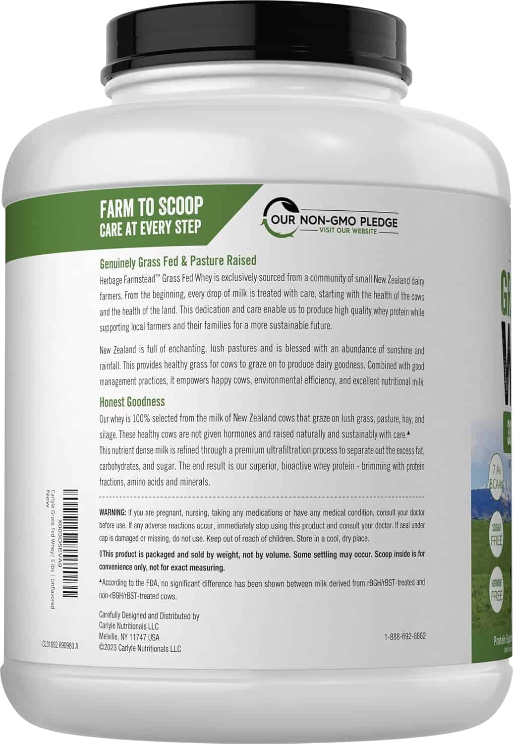 Carlyle Grass Fed Whey Protein Powder – 33g Protein, Unflavored, Sugar-Free & Hormone-Free (5 lb) Carlyle