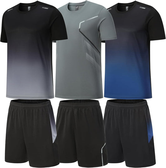 Three athletic shirts and shorts sets in black, gray, and blue on a white background.