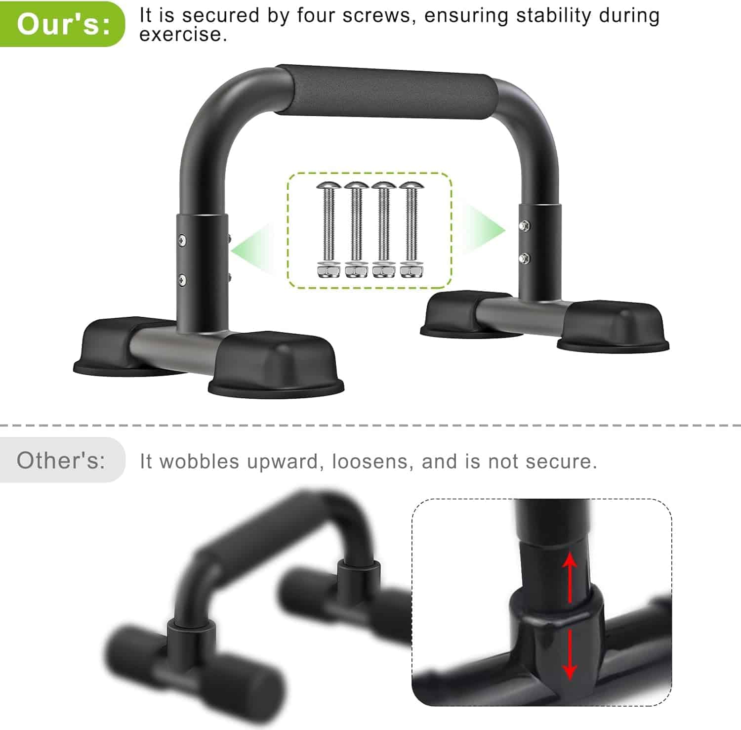 Black push-up stand with screws and stability issues highlighted