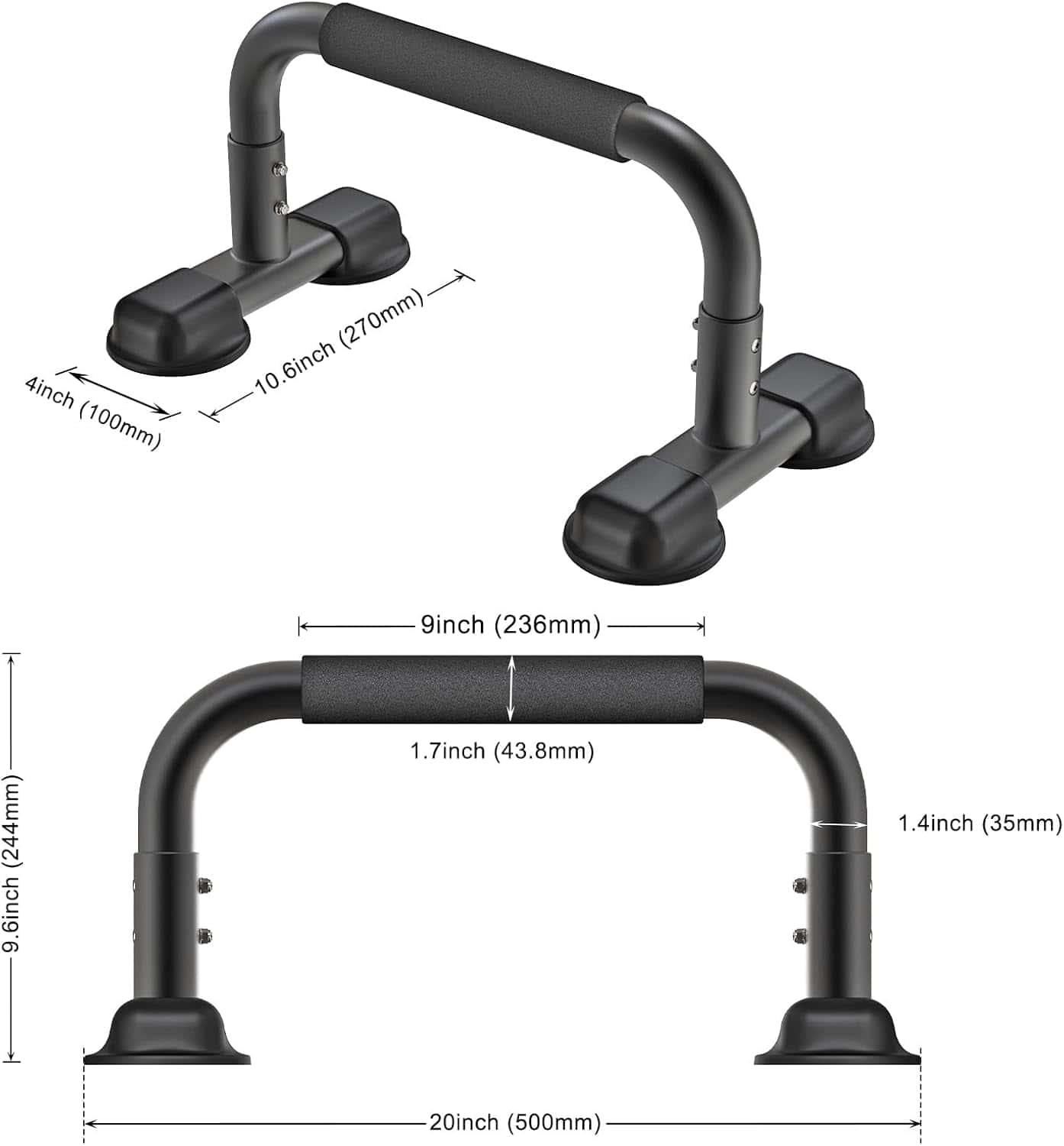 Black metal pull-up bar with measurements on a white background