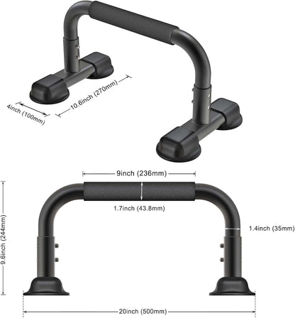 Black metal pull-up bar with measurements on a white background