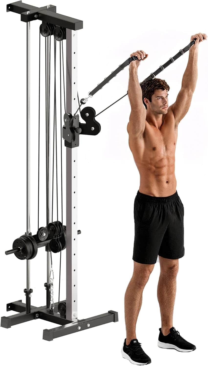Man using a cable machine in a gym setting