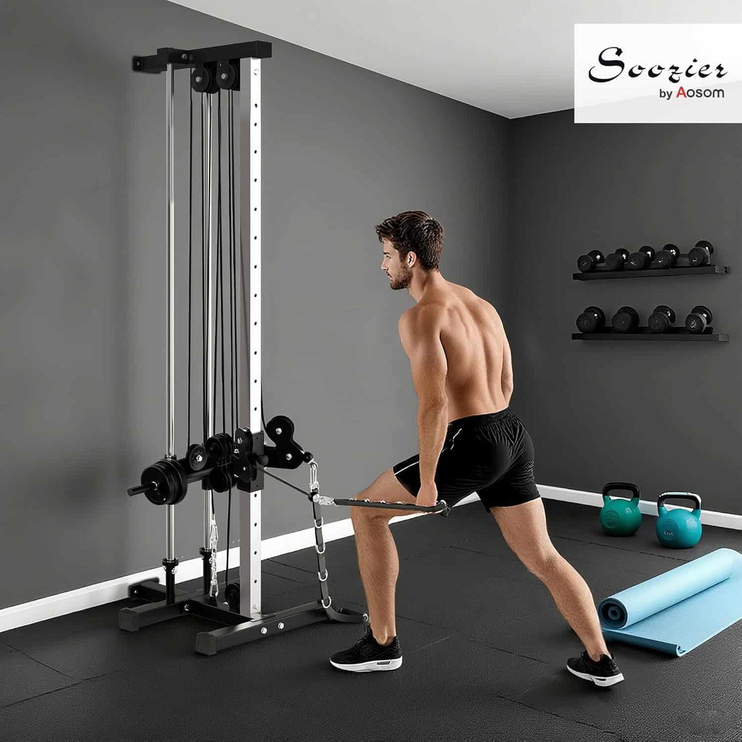Man exercising using a cable machine in a home gym setting with 'Soozier' branding.