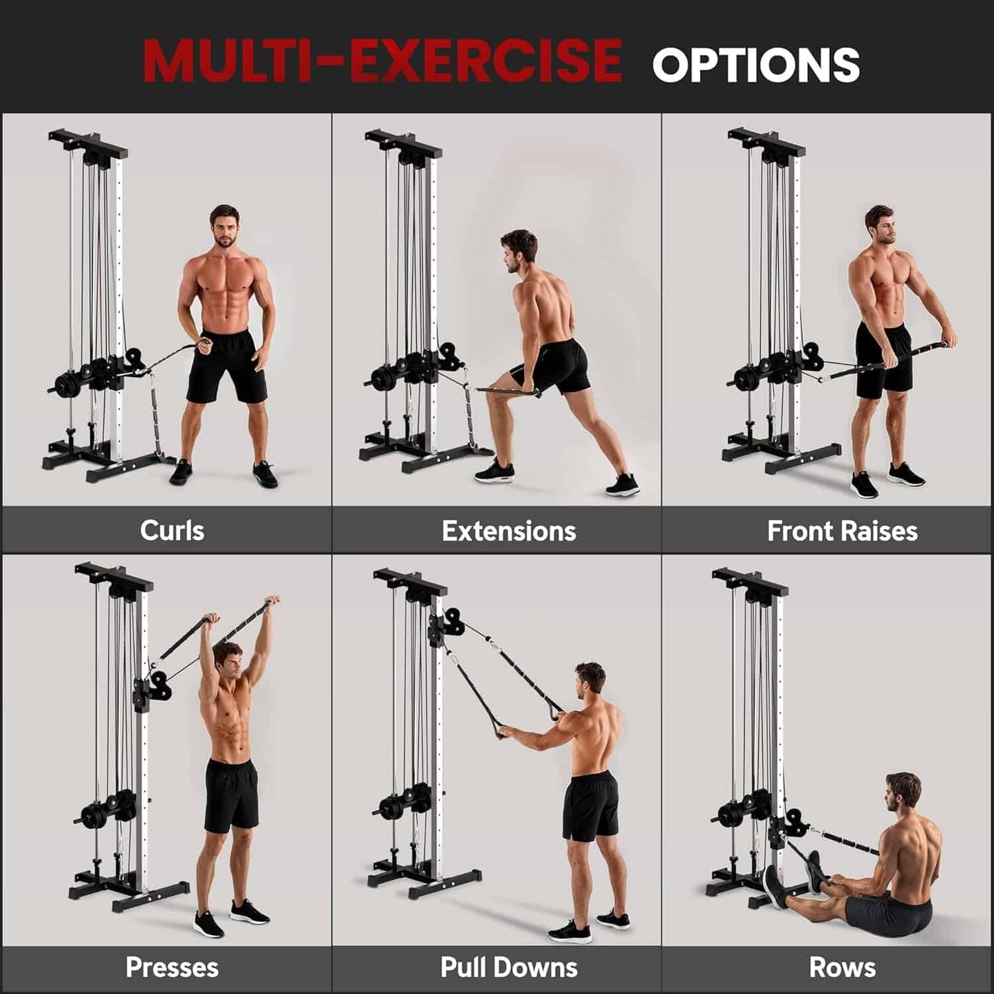 Multifunctional exercise machine with various workout options demonstrated by a person.