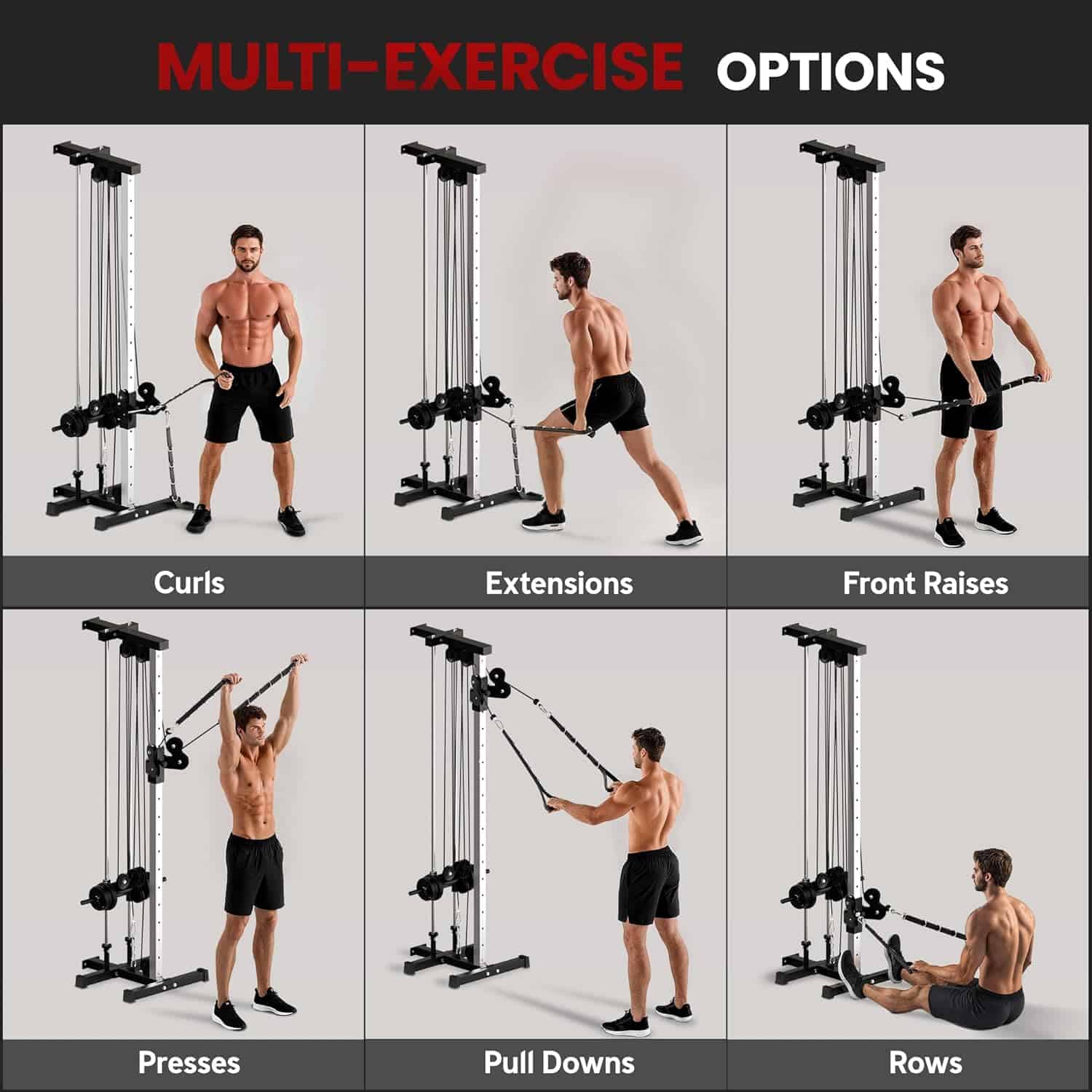 Multifunctional exercise machine with various workout options demonstrated by a person.