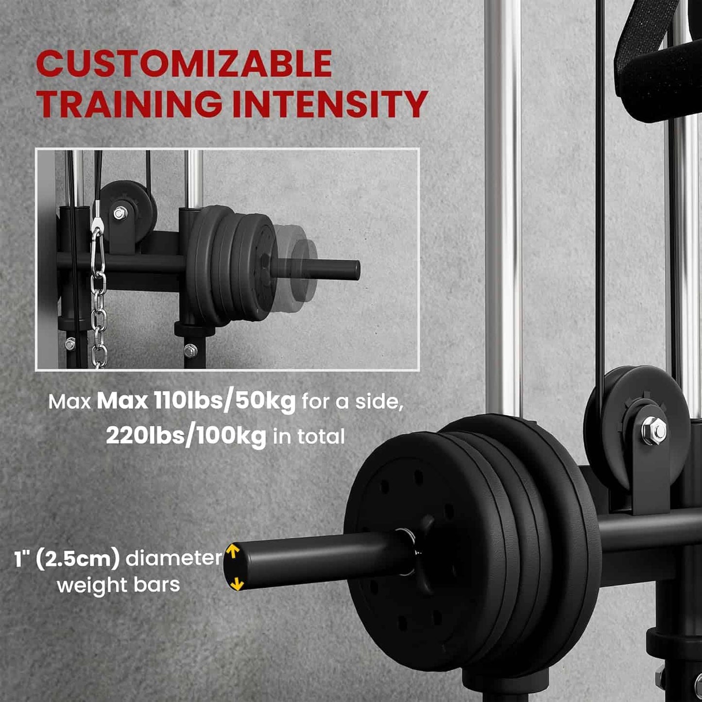 Weight lifting machine with customizable training intensity features on a gray background