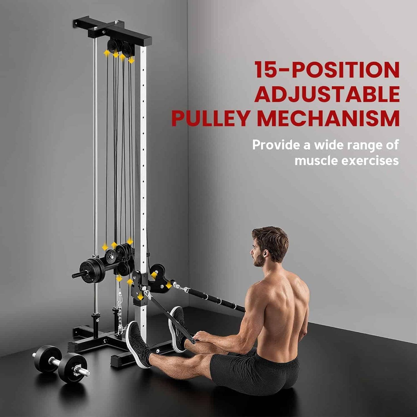 Gym machine with adjustable pulley system and a person using it, on a gray background.