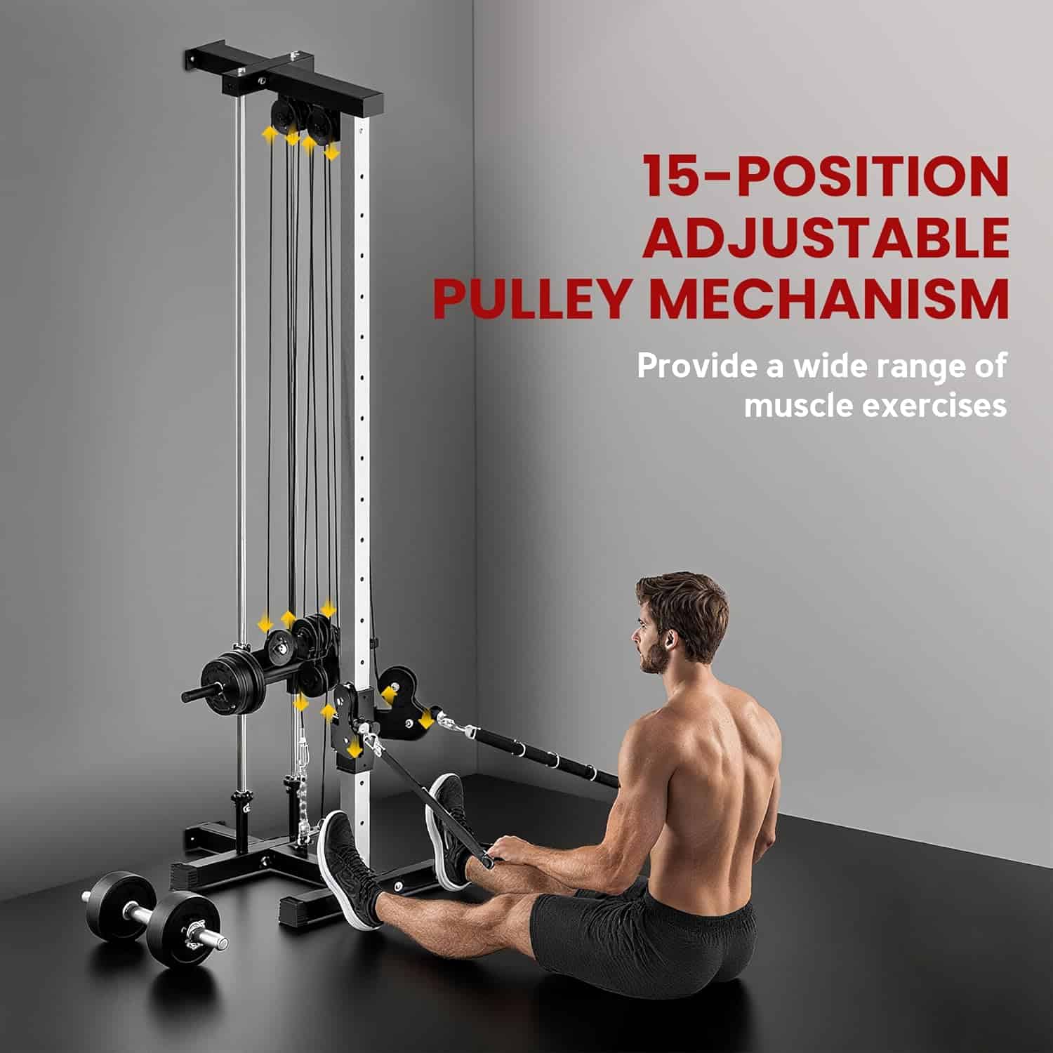 Gym machine with adjustable pulley system and a person using it, on a gray background.