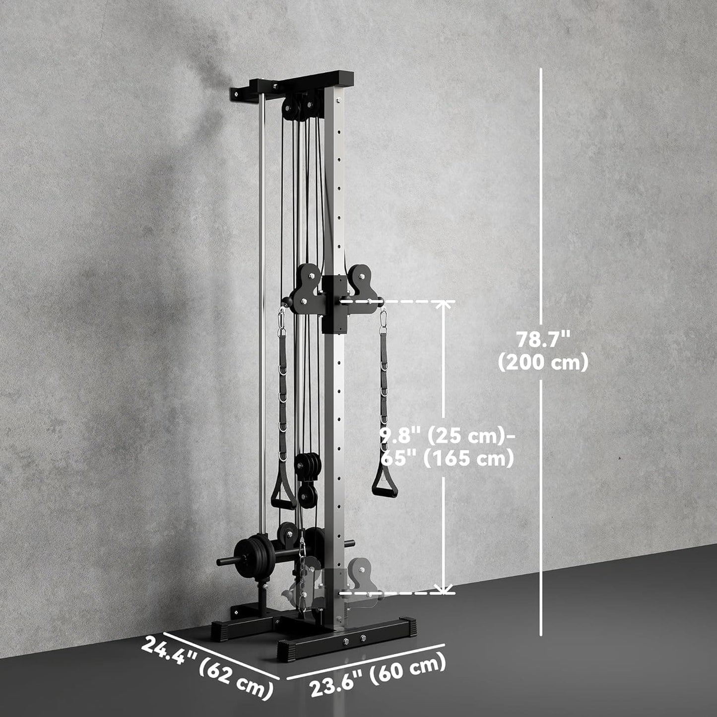 Gym cable machine with dimensions labeled on a gray background