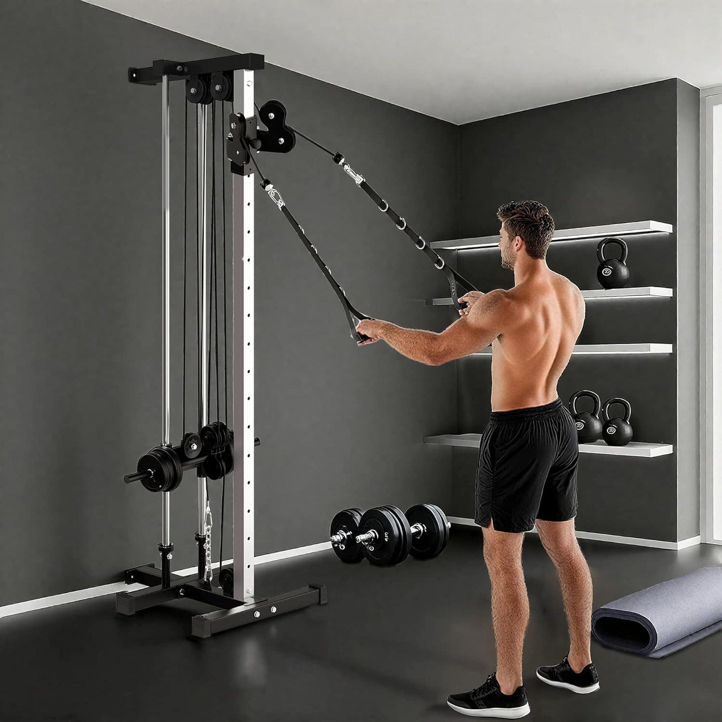 Man using a cable machine in a home gym setting with weights and kettlebells on shelves.