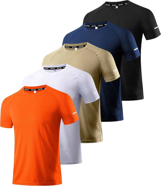 Collection of five short-sleeve athletic shirts in various colors on a white background.